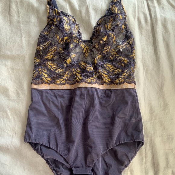 Navy and Gold French Lace Lingerie Bodysuit with Adjustable Straps - Picture 2 of 7